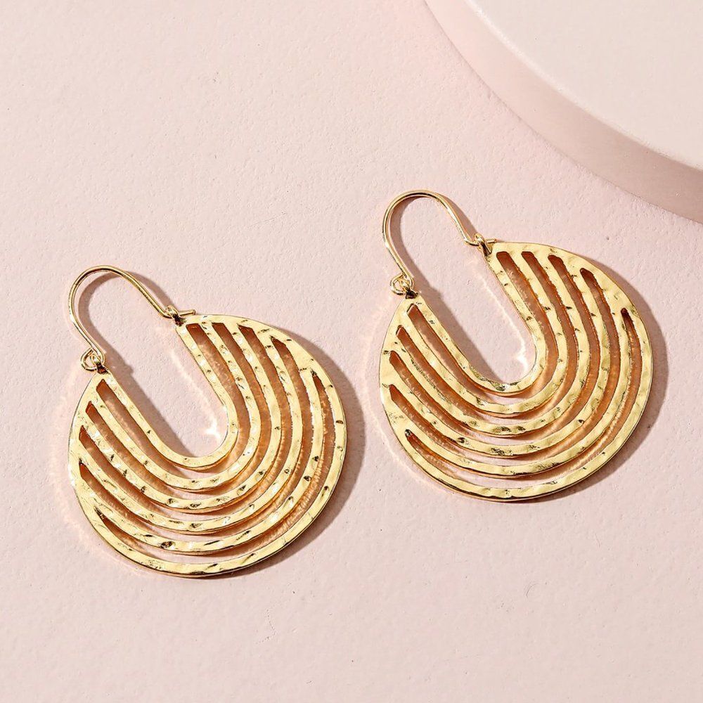 Retro Gold Hammered Crescent Hoop Earrings